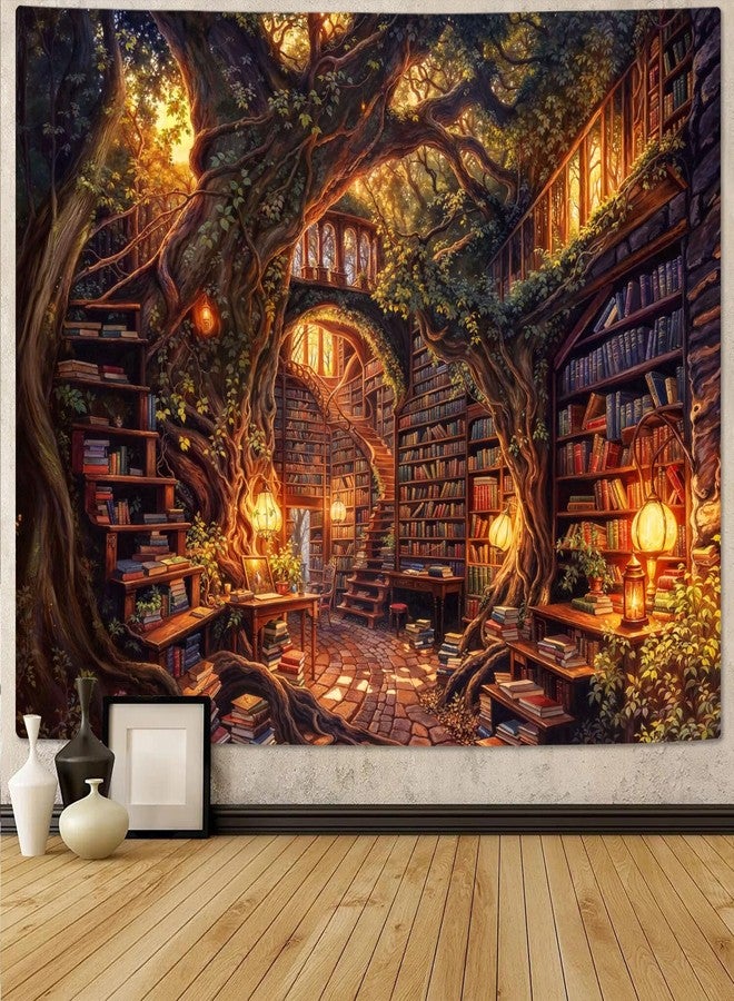 Accnicc Forest Library Tapestry Tree Bookshelf Tapestries Wall Hanging Vintage Fantasy Fairy Treehouse Book Large Tapestry for Bedroom Living Room Dorm Classroom 80 x 60 inch - Image 1